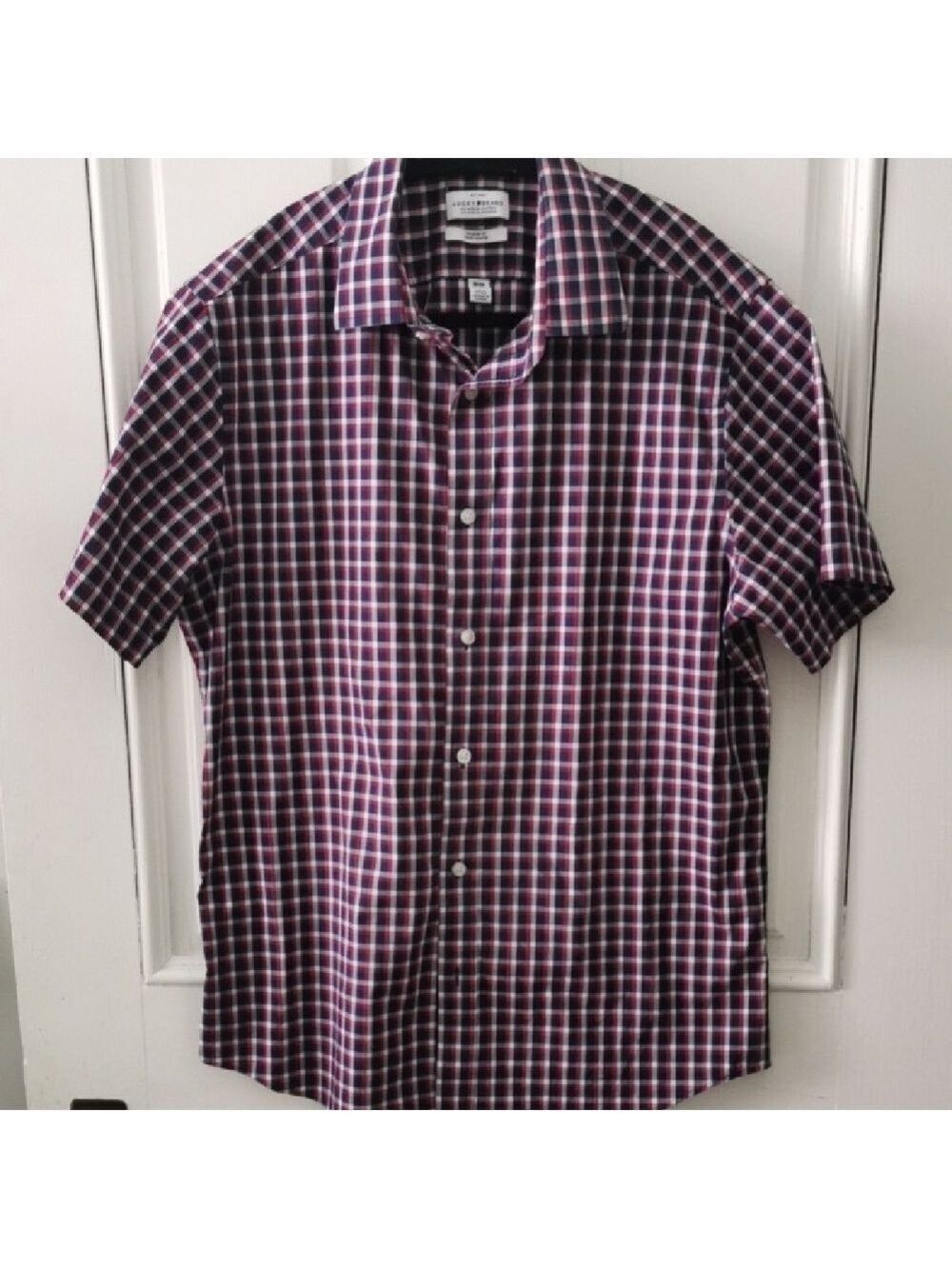 Lucky Brand 🍀 button down red check plaid shirt short sleeves. Size M 15-15 1/2